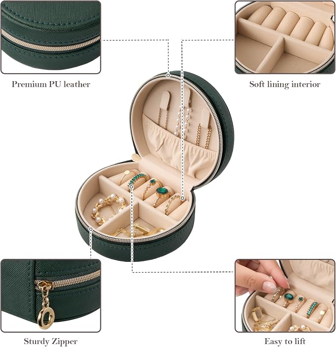 ProCase Travel Size Jewelry Box, Mini Portable Seashell-Shaped Jewelry Case, 2 Layer Organizer in PU Leather for Women -Emerald - Image 5