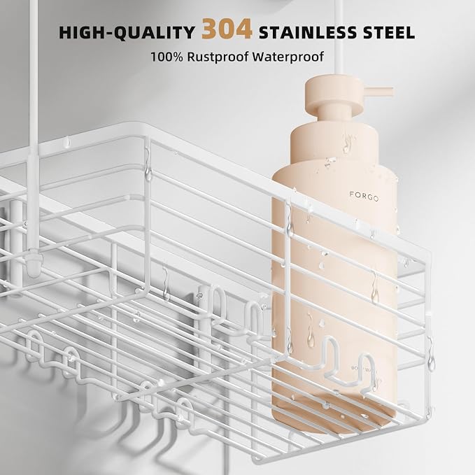 SHANSHUI Shower Caddy Hanging Bathroom Organizer Basket, Shampoo Bracket, Over Door Showers Caddy with Hooks, 304 Stainless Steel Rust Proof Rack- White - Image 4