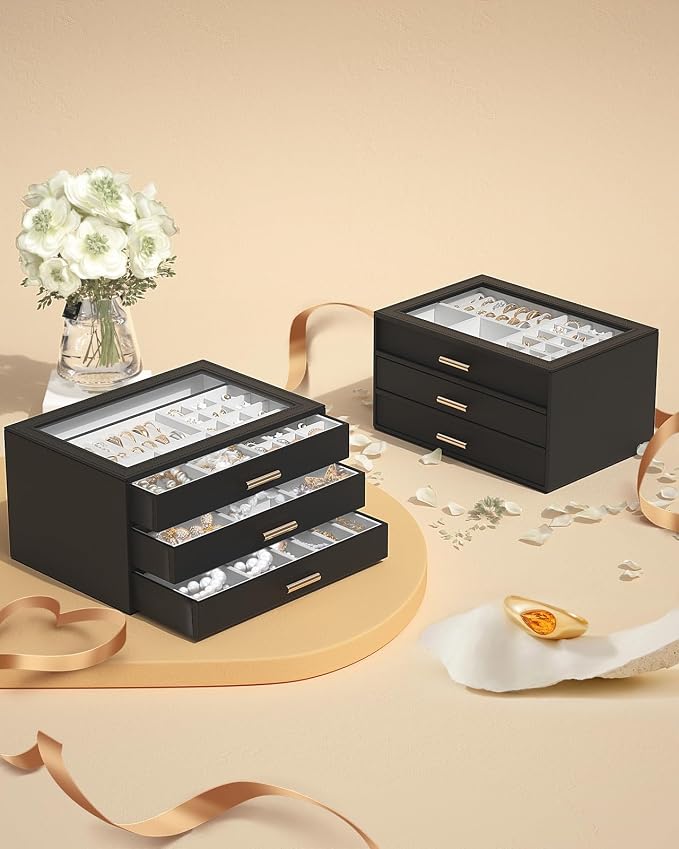 AKOZLIN Jewelry Box with Clear Lid Functional Leather Jewelry Storage Organizer Case 3 Drawers for Women Girls Necklace Ring Bracelet Earring - Image 7