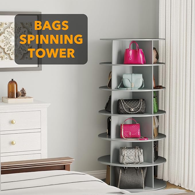 SpaceAid 6 Tier Rotating Shoe Rack Tower, Spinning Shoe Display Lazy Susan, Revolving 360 Shoe Rack Storage Round Carousel, Vertical Handbag Rotate Shoes Closet Organization (6-Tier Gray) - Image 5
