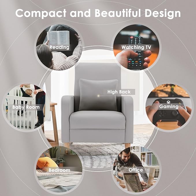 COLAMY Faux Leather Accent Living Room Chairs Set of 1, Upholstered Arm Chair Reading Side Chair, Single Sofa with Back Pillow and Wood Legs, Light Grey