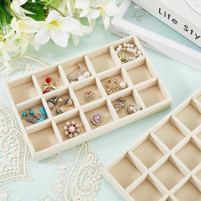 2Pcs 5 x 8.3 Inch Stackable Jewelry Trays Earring Holder Organizer Antique White 15 Grids Velvet Dresser Jewelry Drawer with Removable Divider for Bracelet Ring Watch Trinket Display Showcase - Image 3