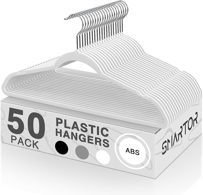 SMARTOR Plastic Hangers 50 Pack - Thin Clothes Hangers Heavy Duty | Durable | Lightweight | Space Saving | Slim | Flexible - Dorm Room Essentials for College Students - White by Smartor
