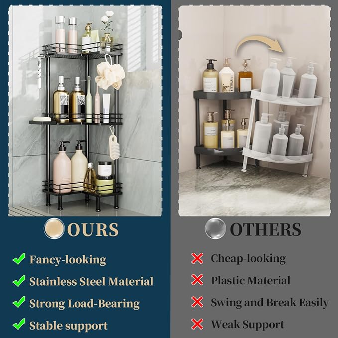 Consumest Corner Shower Caddy Standing - 3-Tier Stainless Steel Shower Organizer with Soap Holder and 4 Hooks, Large Capacity Corner Shelf Stand for Bathroom, Rest Room, Black - Image 2