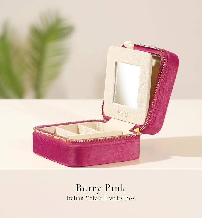 BLUTETE Travel Jewelry Box Organizer Velvet Travel Case With Mirror Ring Earrings Necklaces Storage Organizer Box (Berry Pink) - Image 3