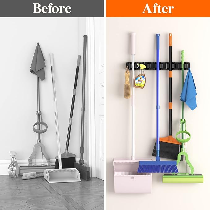 Lifewit Mop and Broom Holder Wall Mount, Anti-Slip Broom Hanger for Cleaning Supplies Organizer, Easy Install Tool Hanging Rack for Closet, Kitchen, Garage, 5 Slot 6 Hooks, Hold 30lbs, Black, 1 Pack - Image 5