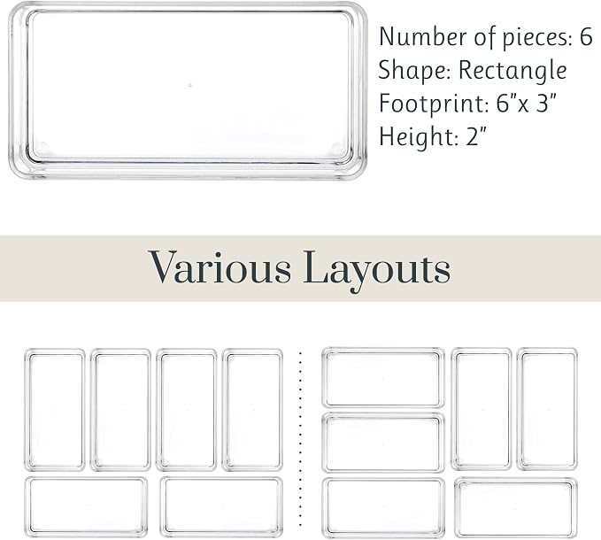 STORi SimpleSort 6-Piece Stackable Clear Drawer Organizer Set | 6" x 3" x 2" Rectangle Trays | Small Makeup Vanity Storage Bins and Office Desk Drawer Dividers | Made in USA - Image 5