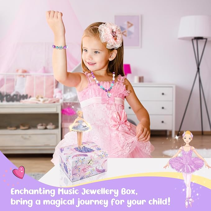 Girls' Musical Jewelry Box Organizer with Jewelry Set - Pink Purple Spinning Ballerina Theme, Swan Lake Tune - Jewelry Storage and Music Box for Girls - Image 3