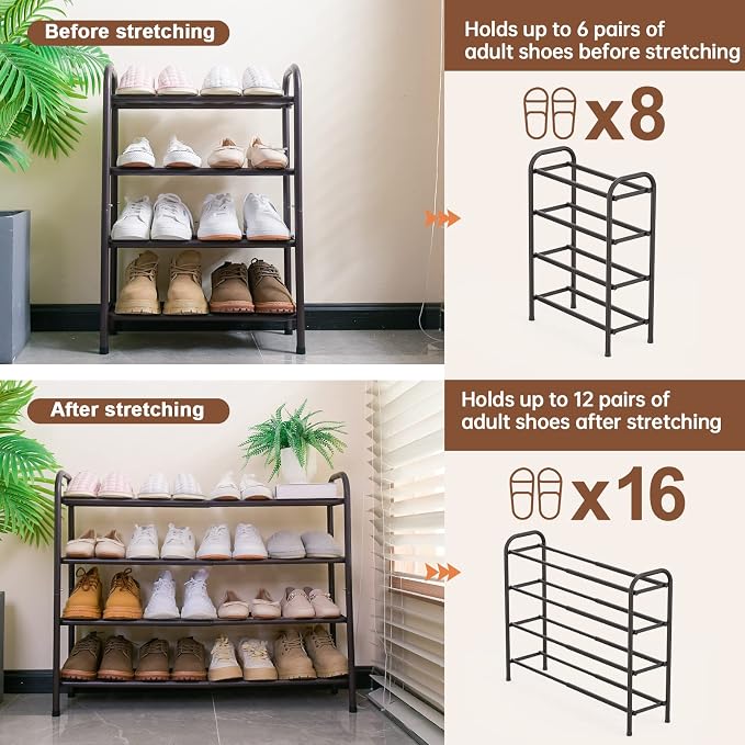 Gonfoam 4-Tier Expandable Shoe Rack,Adjustable Shoe Shelf Storage Organizer Heavy Duty Metal Free Standing Shoe Rack for Entryway Closet Doorway (Bronze) - Image 6