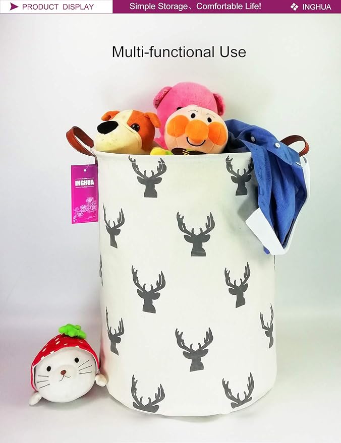 Laundry Hamper Large Canvas Fabric Lightweight Storage Basket/Toy Organizer/Dirty Clothes Collapsible Waterproof for College Dorms, Boys and Girls Bedroom,Bathroom(grey deer) - Image 3