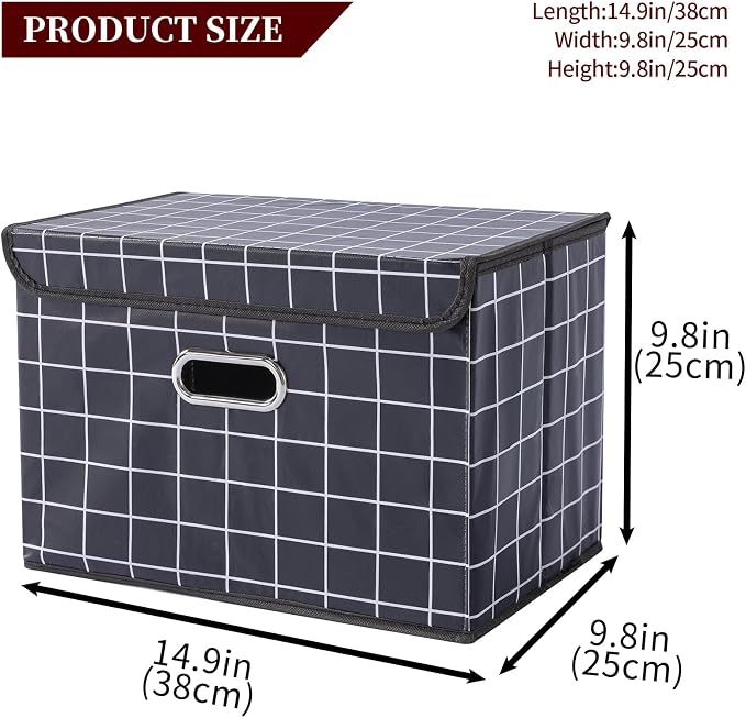 STOREONE Fabric Storage Cube Bins Foldable Organizer Container Collapsible Basket with Lids and Metal Handles, for Home, Bedroom, Closet 3 Pcs (Black grid) - Image 2