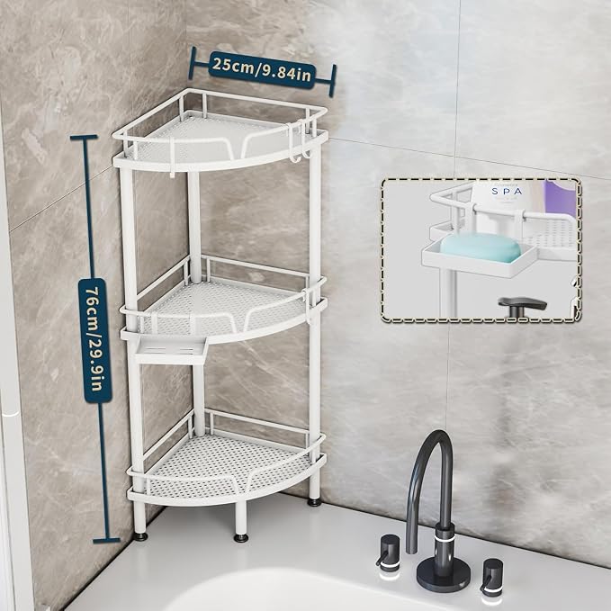 Consumest Corner Shower Caddy Standing - 3 Tier Shower Organizer with Soap Holder, Tall Floor Storage Rack with Adjustable Feet & 4 Hooks, Bathroom Corner Shelf, White - Image 2