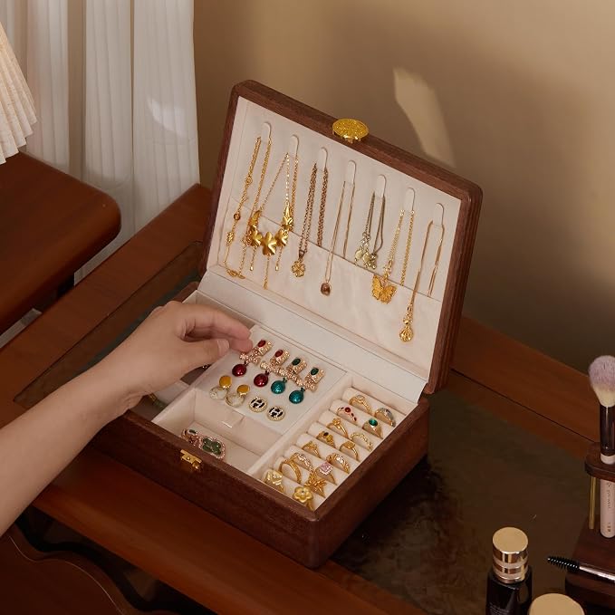 Travel Jewelry Case Small Wood Jewelry Organizer Jewelry Box for Women (Single Nut-Brown A) - Image 5