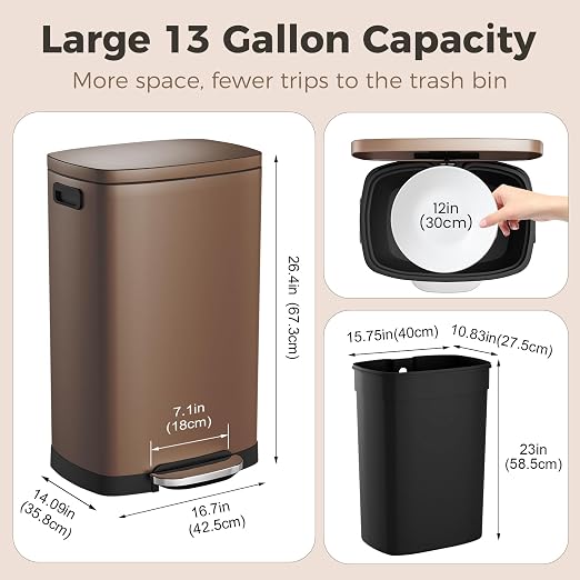 ELPHECO LPHECO Kitchen Trash Can with Lid Soft Close, 13 Gallon / 50L Stainless Steel Pedal Garbage Can, Heavy-Duty Step Wastebasket with 20 Bags, Removable Bucket, Home Office, Kitchen, Brown - Image 4
