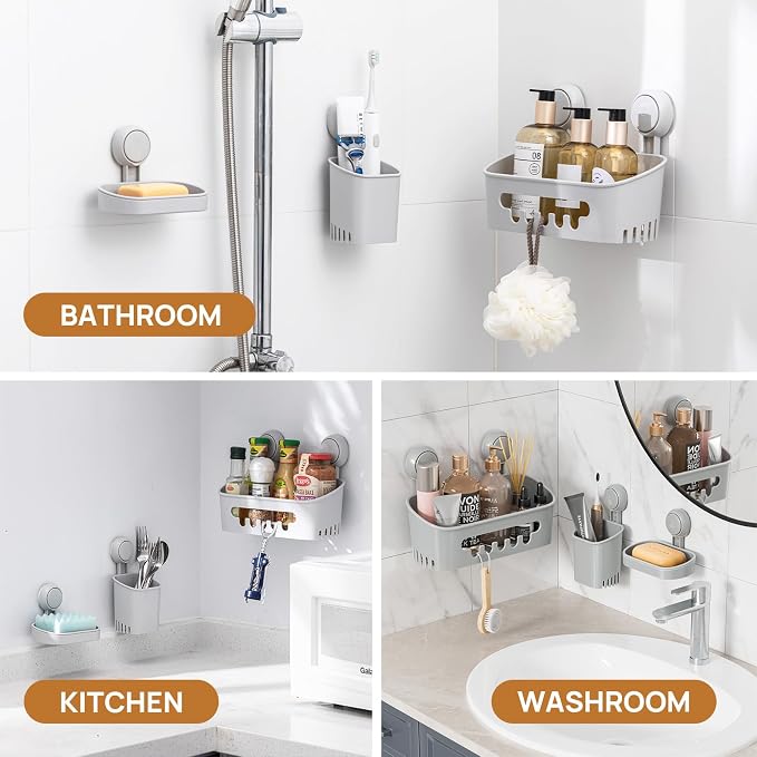 LEVERLOC Shower Caddy Suction Cup Set Shower Organizer & Soap Holder & Toothbrush Holder, Bathroom Shelf Basket NO-Drilling, Removable Suction Storage Waterproof Bathroom Caddy, Gray - Image 8