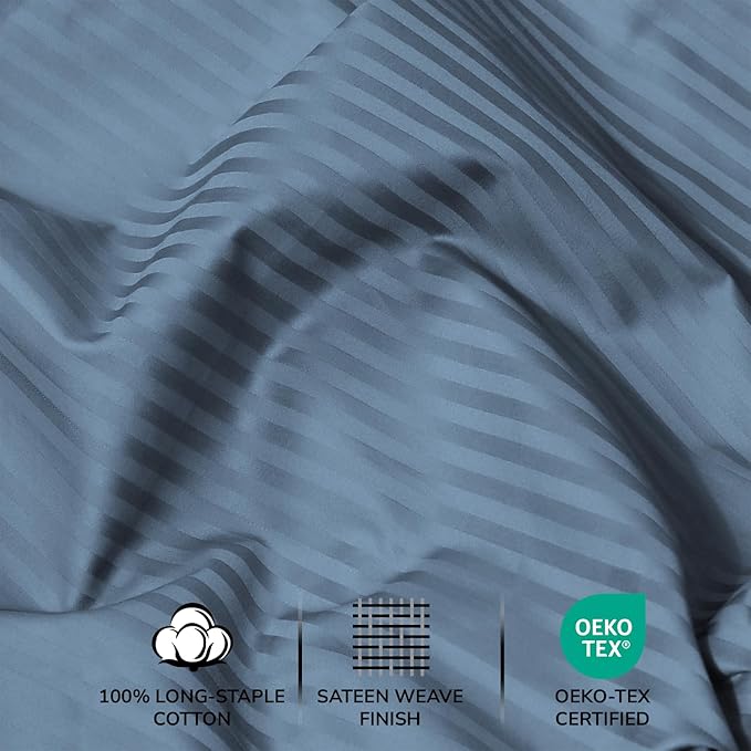 Feather & Stitch 500 TC Twin Size Damask Bed Sheet Set, 100% Cotton Soft Breathable Bedsheets, 3 Piece 18" Deep Pockets Sateen Weave Striped Bedding Mattress Resort Hotel Luxury Décor - (Blue Stripe)