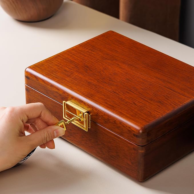 Solid Walnut Wood Jewelry Box with Lock,2 Layer Velvet Lined for Earrings Rings Necklaces Bracelets Watches,Both Style and Security, for Men Women,Vintage Brown - Image 3