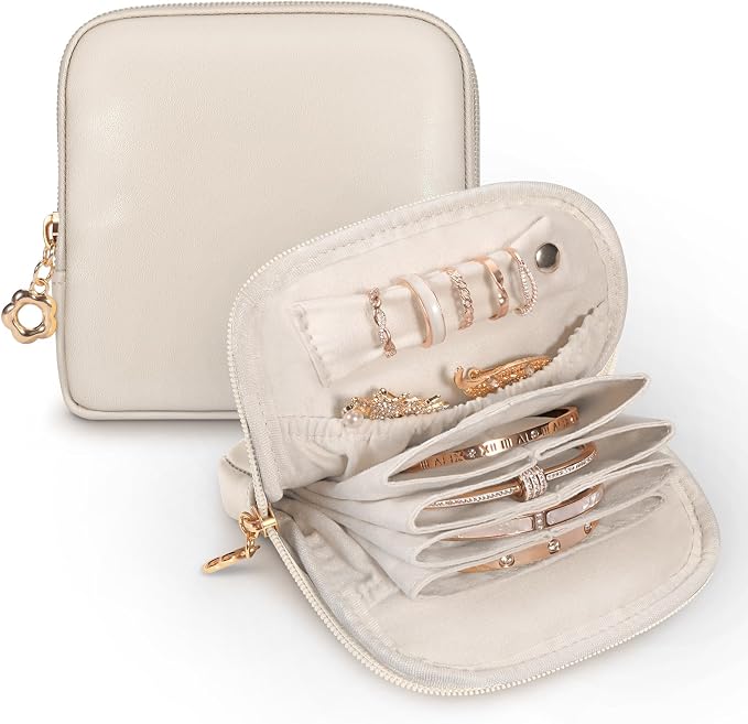 SITHON Small Travel Jewelry Case with Ring Holder, Mini Velvet Jewelry Pouch Bags, Compact Storage Organizer for Bracelet Necklaces Earrings Travel Essentials, Mother’s Day Gifts (Cream White) by SITHON