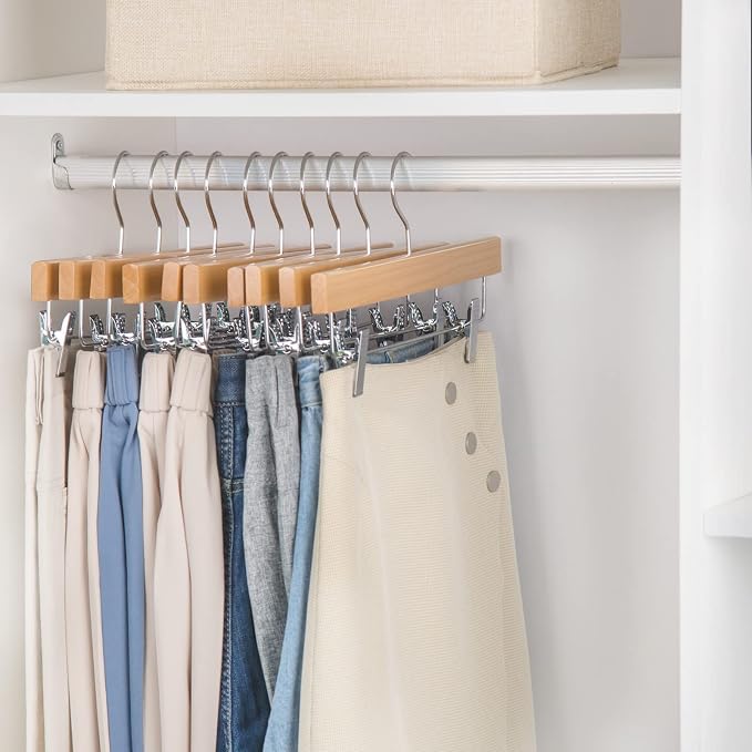 Nature Smile Solid Lotus Wood Deluxe Wooden Pants Hangers Bottom Hanger Jeans Hanger Skirt Hanger with 2-Adjustable Clips Anti-Rust Hook Pack of 10 (Natural) - Image 4