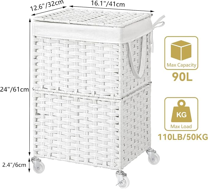 Chrislley 90L Slim Laundry Hamper with Wheels, Rolling Laundry Basket with Lid and Renovable Liner Bag, Handwoven Rattan Organizer for bedroom, bathroom, laundry room (White) - Image 3