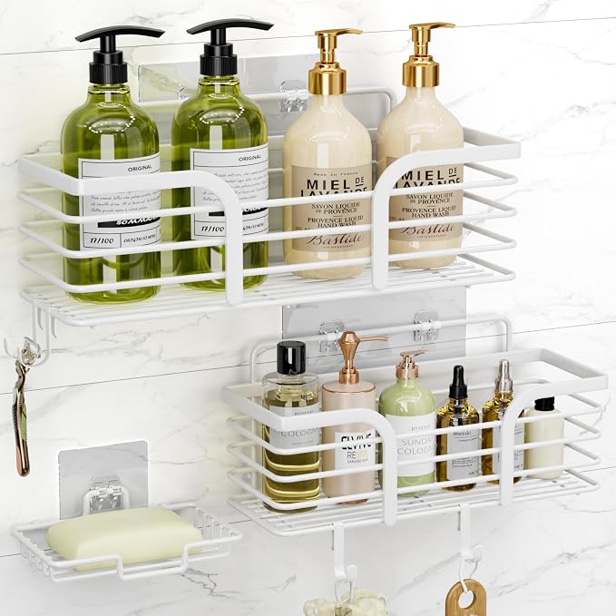 Yougai Shower Caddy, Shower Organizer with Soap Holder and Hooks, Rustproof Shower Shelves, No Drilling Bathroom Organizers and Storage, Wall-Mounted Kitchen & Home Decor (White) by Yougai