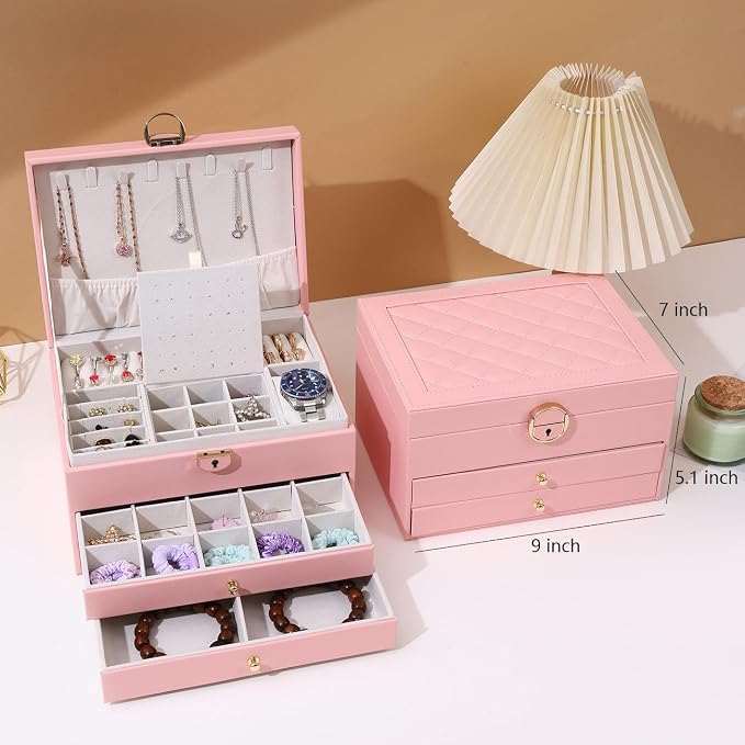 GUOER Jewelry Box for Women Girl Wife 3 Layers Large PU Leather Jewelry Organizer Storage Case with Two Layers Display for Earrings Bracelets Rings Watches PINK - Image 2