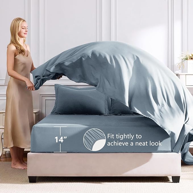 CozyLux Oversized Queen Comforter Set Dusty Blue, 7 Pieces Bed in a Bag Comforter Set with Sheets Luxury Bed Set All Seasons, Bedding Set with Down Alternative Comforter, Sheets, Pillowcases & Shams