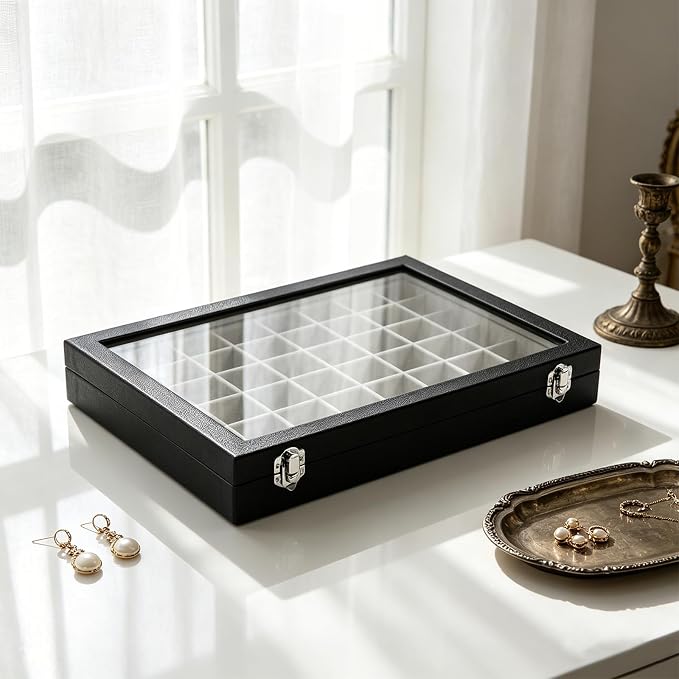 Stratalife Jewelry Organizer 48 Grid Jewelry Tray with Clear Lid Dust-proof Velvet Earring Organizer Necklace Rings Holder Display Drawer Storage Case for Women Gray Black - Image 3