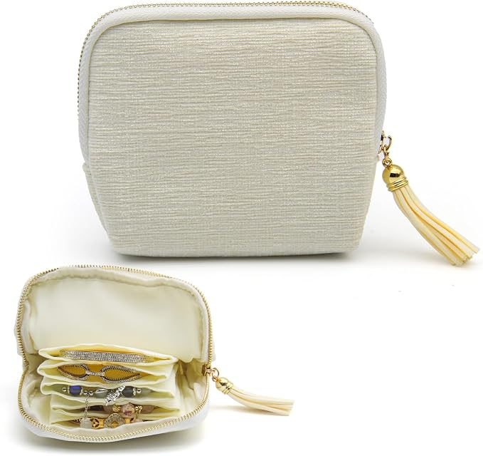 Small Travel Jewelry Case, Mini Jewelry Box, Purse Organizer Pouches for Travel and Everyday Jewelry Organizer Storage (Beige) by Unknown