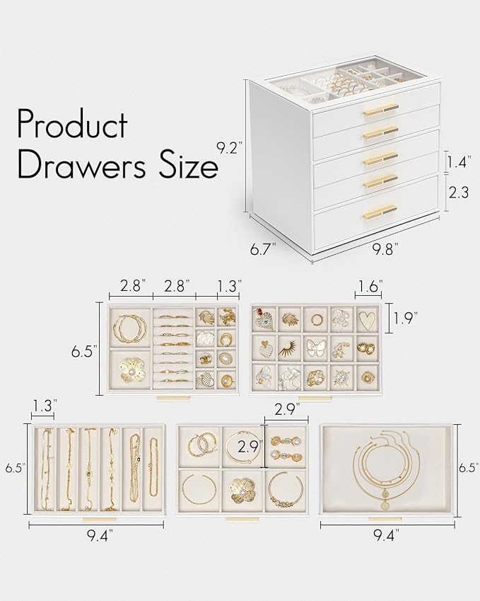 VLANDO 5 Layer Jewelry Box for Women, Glass Lid Jewelry Organizer with 5 Drawers for Necklaces Rings Earrings Bracelets - White - Image 3