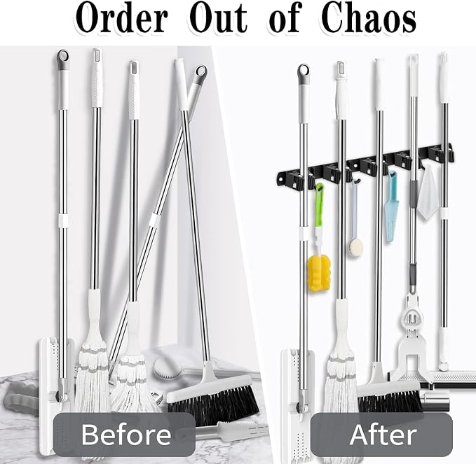 Black 5 Racks and 4 Hooks Mop and Broom Holder Wall Mount, Broom Organizer Storage Tool Racks Stainless Steel Heavy Duty Hooks Self Adhesive Solid Non-slip for Home Kitchen Garden Laundry Garage - Image 5