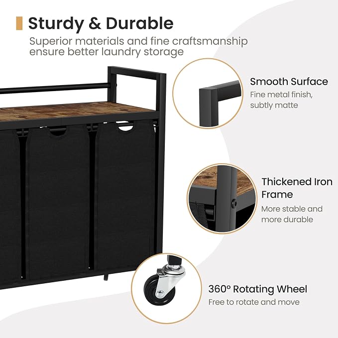SwaaVee Laundry Hamper, Laundry Basket, Laundry Sorter with 3 Removable Bags, Clothes Basket with 3 Compartments, Wheels, Shelf for Laundry Room Bathroom Bedroom (3 Bags-Black) - Image 5