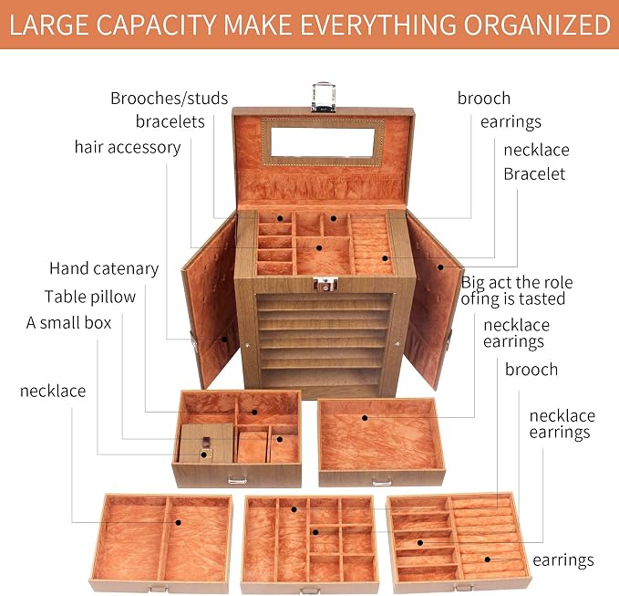 6 Tier Jewelry Box, Jewelry Case with 5 Drawers, Large Storage Capacity, with Mirror, Lockable, Jewelry Storage Organizer, Gift for Loved Ones - Image 6