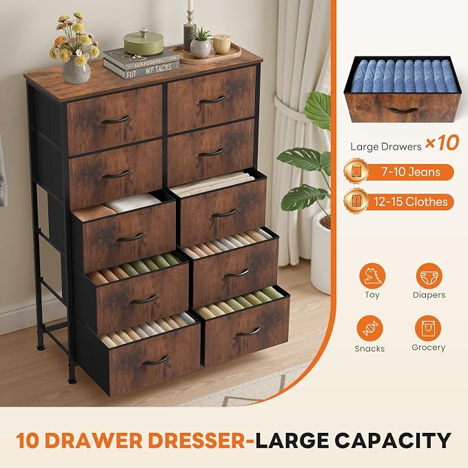 Sweetcrispy 10 Drawer Dresser, Tall Fabric Dresser for Bedroom, Storage Tower with Bins Chest Organizer Unit for Closet, Hallway, Steel Frame Wood Top, Easy Pull Handle, Rustic Brown - Image 4