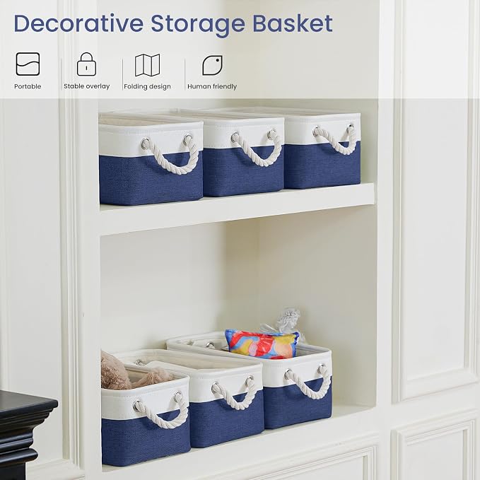Storage Baskets for Shelves 11.8x7.9x5.2 Inch, Foldable Fabric Storage Bins with Handles, Small Storage Baskets for Organizing Closet, Office, Home Organization (3-Pack, White&Blue) - Image 5