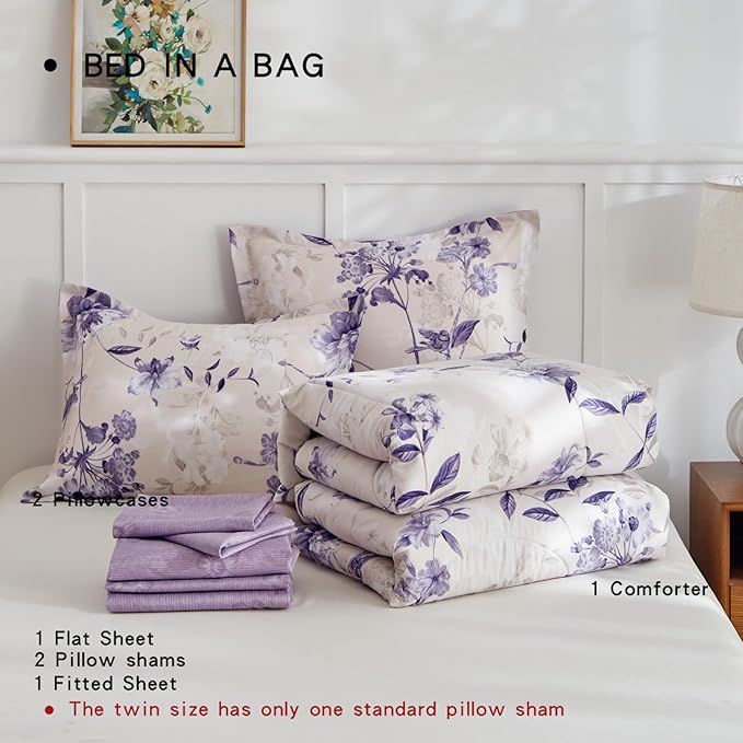 AIKASY 6-Piece Twin Size Bed in a Bag Comforter Set - Lilac Purple Floral Ensemble with Reversible Botanical Flowers Comforter, Sheets, Pillowcases & Shams