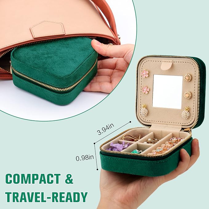 DesignSter Travel Jewelry Box - Velvet Mini Jewelry Organizer, Small Jewelry Case for Girls Women, Jewelry Storage Box for Rings Earrings Necklace (Square, Emerald Green) - Image 2