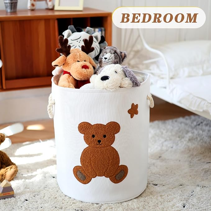 INough Large Laundry Basket Tall Baskets Storage for Dirty Clothes, Toys Storage Bins Baby Hamper 58L Clothes Hamper Blanket Basket Baby Toys Organizer for Nursery Bedroom Living Room Decor, Bear - Image 7
