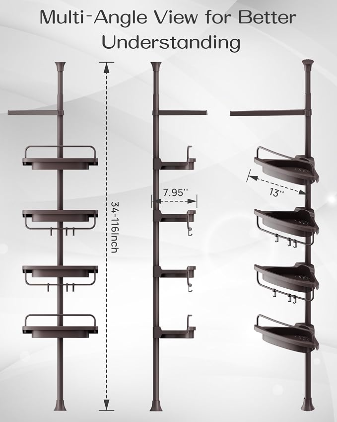 ALLZONE Corner Shower Caddy Tension Pole, Extendable Rustproof Stainless Steel Pole & 4-Tier Adjustable Shelves for Easy Drainage and Built-to-Last Stability, 34 to 116 Inches, Brown - Image 2