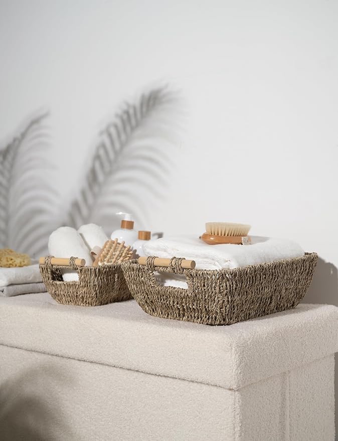 StorageWorks Hand-Woven Large Storage Baskets with Wooden Handles, Seagrass Wicker Baskets for Organizing, 2-Pack - Image 7