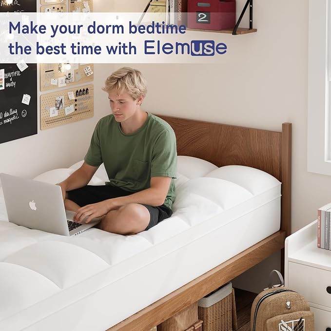 ELEMUSE Twin XL Mattress Topper for College Dorm Room Essentials, Thick Extra Long Twin Mattress Pad for Back Pain Relief, Plush Pillowtop with Elastic Deep Pocket, Overfilled Down Alternative Filling
