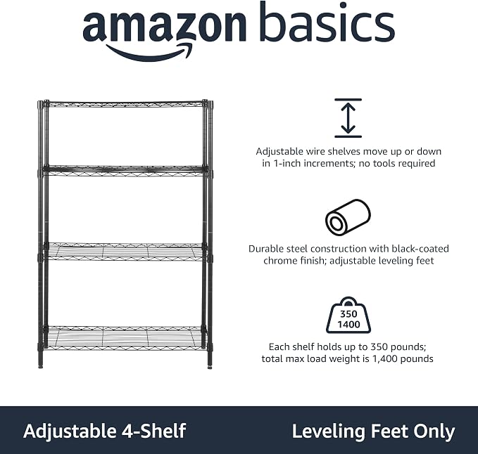 Amazon Basics 4-Shelf Adjustable Heavy Duty Steel Wire Rack Storage Shelving, Sturdy Garage Shelving, 350 lbs Capacity Per Shelf, Easy No-Tool Assembly, 36" x 14" x 54", Black | Heavy Duty, Adjustable, for Kitchen, Garage, Storage, Shelving Organizer - Image 4