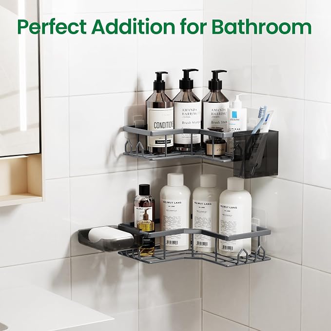Adhesive Shower Caddy, 6 Pack Corner Bath Organizer, Rustproof Stainless Steel Shower Shelves with Large Capacity, No Drilling Shelves for Bathroom Storage, Home, Kitchen Decor (Dark Grey). - Image 7