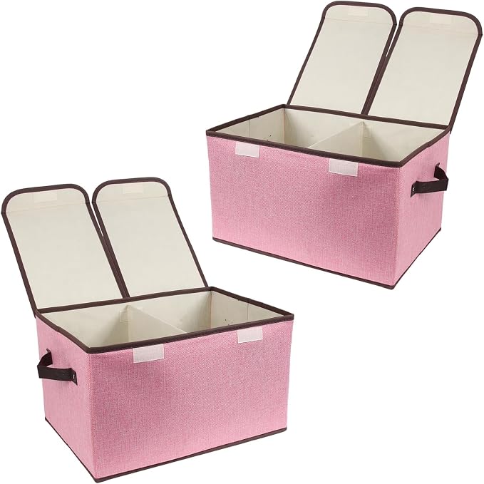 Foldable Fabric Storage Box with Double-Lid & Dividers, Large Organizer for Home, Closet, Office (Pink, 2 Packs) by TCbelosion