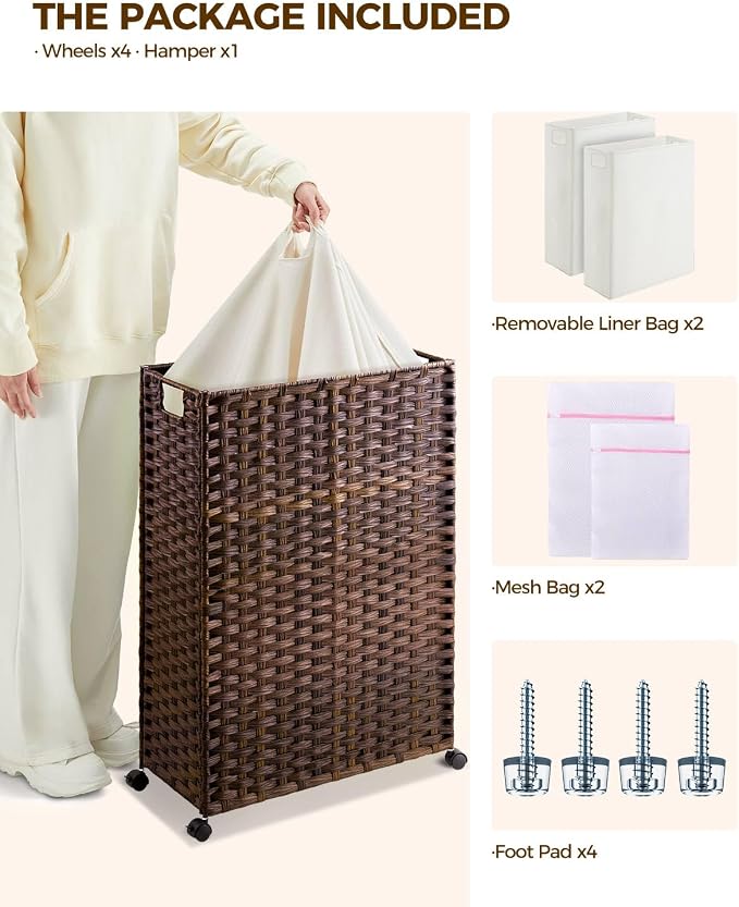 Greenstell Laundry Hamper with Wheels & Handles, 26.4 Gallon (100L) Slim Laundry Basket with 2 Removable Liner Bags & 2 Mesh Bags, Foldable Narrow Clothes Hamper for Bedroom, Bathroom, Closet, Brown - Image 3