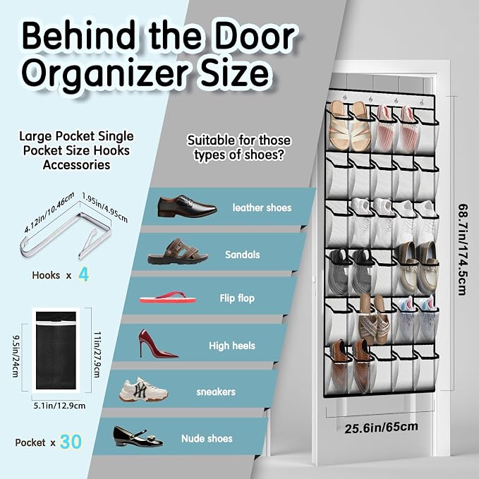 Kotkn Over the Door Shoe Organizer with 30 Breathable Mesh Pockets - Large Capacity Closet Storage for Men & Women, Hanging Shoe Rack Organizer (White) - Image 3
