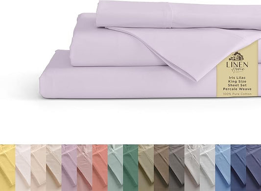 Linen Home 100% Cotton Percale Sheets King Size - Crisp Cool Breathable, 16 Inch Deep Pocket, Soft Durable 4-Piece King Bed Sheet Set 1 Flat, 1 Fitted, 2 Pillowcases, Iris Lilac