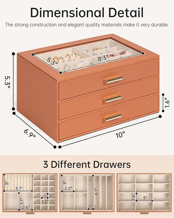 AKOZLIN Jewelry Box with Clear Lid Functional Leather Jewelry Storage Organizer Case 3 Drawers for Women Girls Necklace Ring Bracelet Earring - Image 4