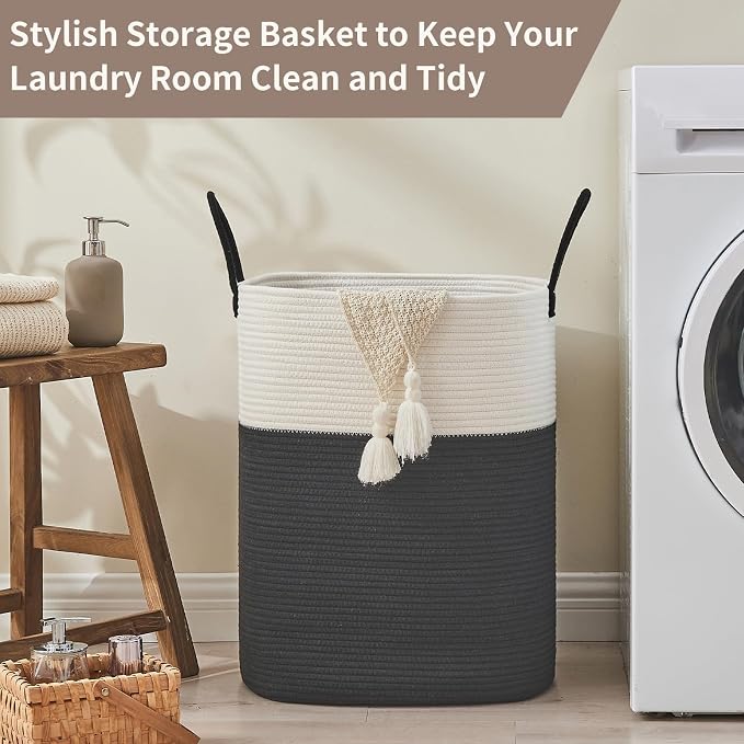 AINUOQI Laundry Basket with Handles - Blanket Basket & Hampers for Bedroom Aesthetic, Laundry Hamper & Blanket Storage for Living Room, Clothes Hamper, Tall, Large 17" x 14" x 25”, White & Black - Image 5