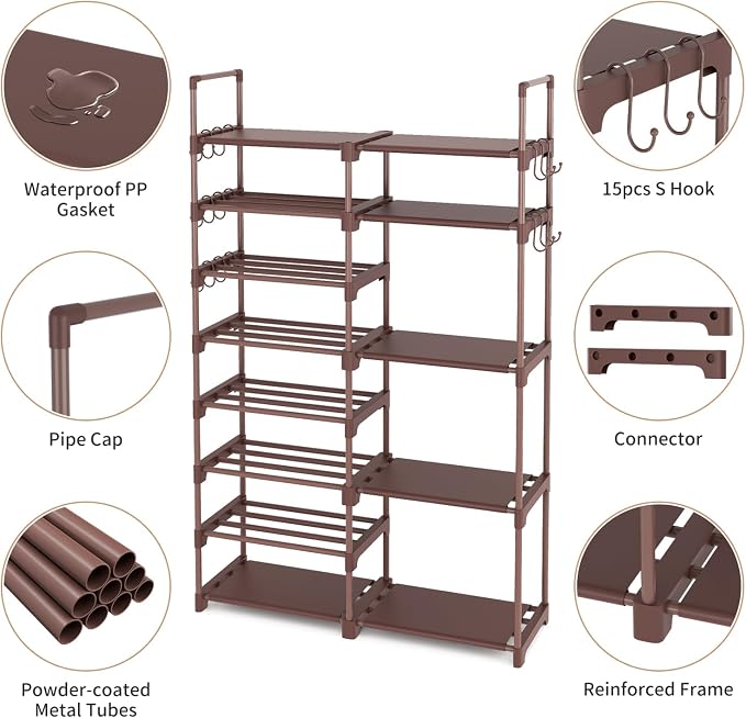 ROJASOP Shoe Rack Organizer, 8-Tier Metal Shoe Rack for Closet Entryway Garage, 26-32 Pairs Tall Shoe Boot Storage Shelf with 15 Hooks, Stackable Large Shoe Stand, Brown - Image 5